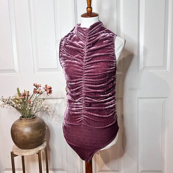 Liz & Sara Womens Mauve Pink Velvet Ruched Bodysuit Sz M Coquette Sexy Date Glam - Picture 1 of 7